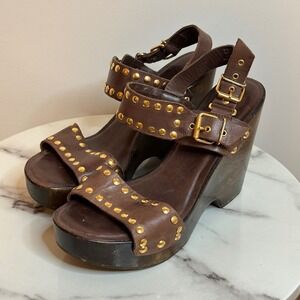 Carlos Santana Thump Brown Leather Studded Wood Platform 4" Wedge Y2K Sandals 7M